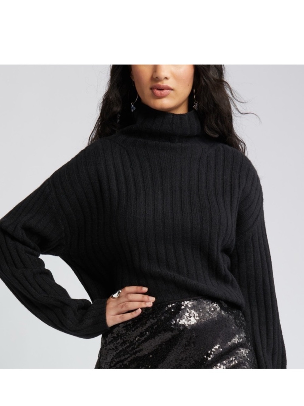 Open Edit Black Ribbed Turtleneck Sweater